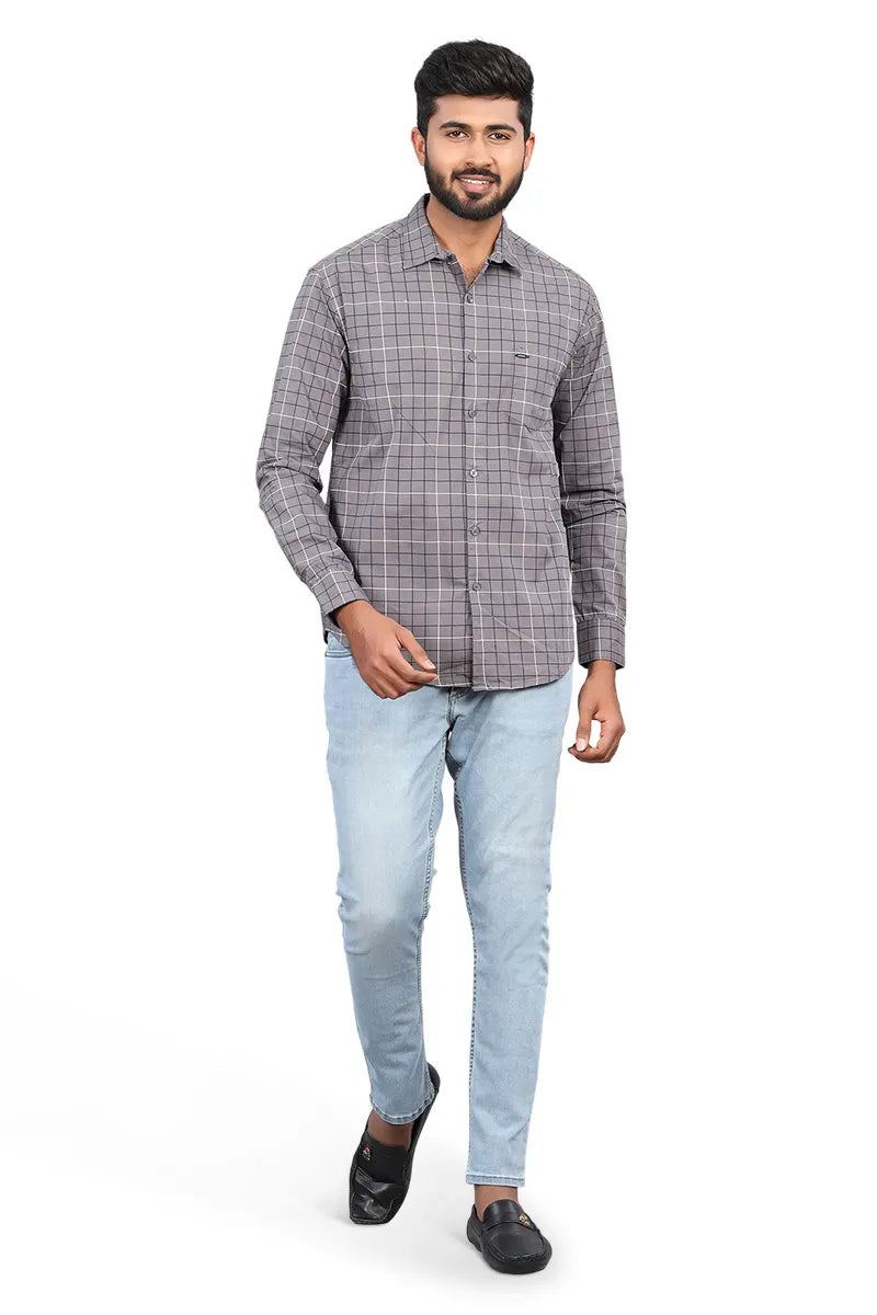 Men's Cotton Checkered Casual Shirt - Grey