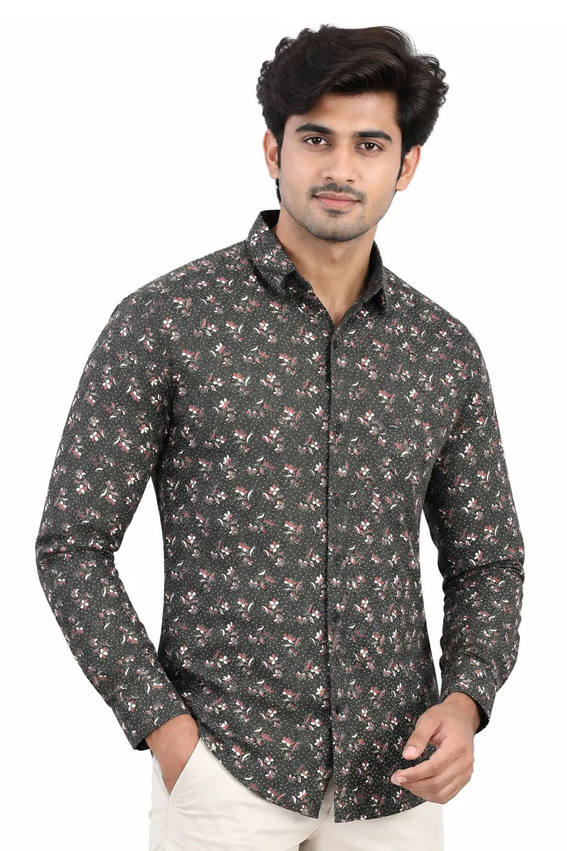 Cotton Floral Printed Shirt for Men - Dark Green