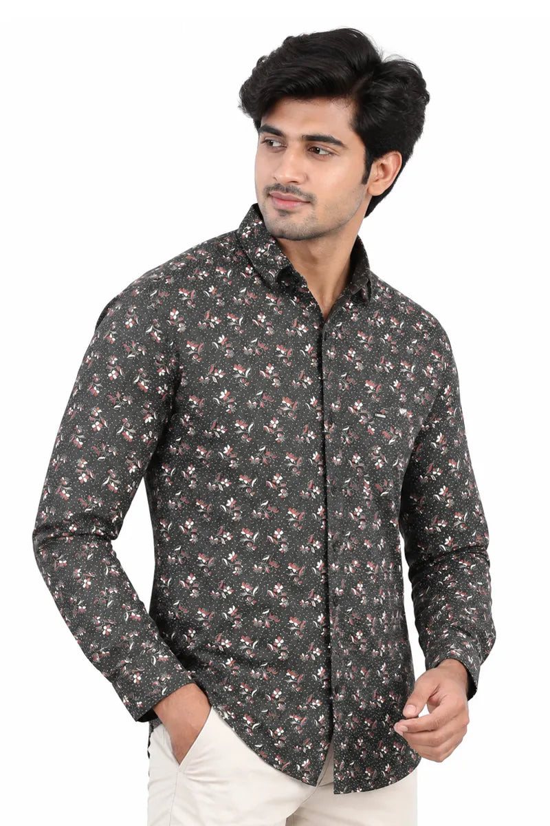 Cotton Floral Printed Shirt for Men - Dark Green