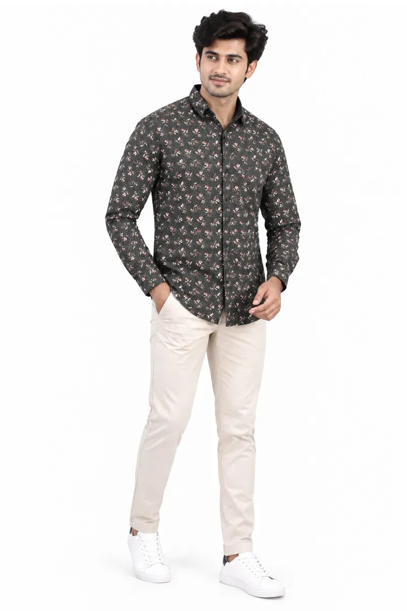 Cotton Floral Printed Shirt for Men - Dark Green