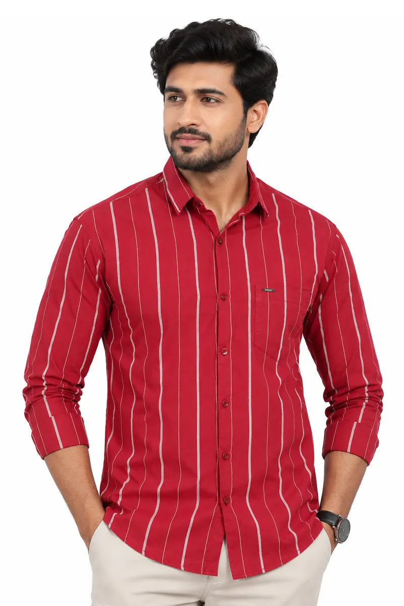 Men's Striped Cotton Slim Fit Shirt - Maroon