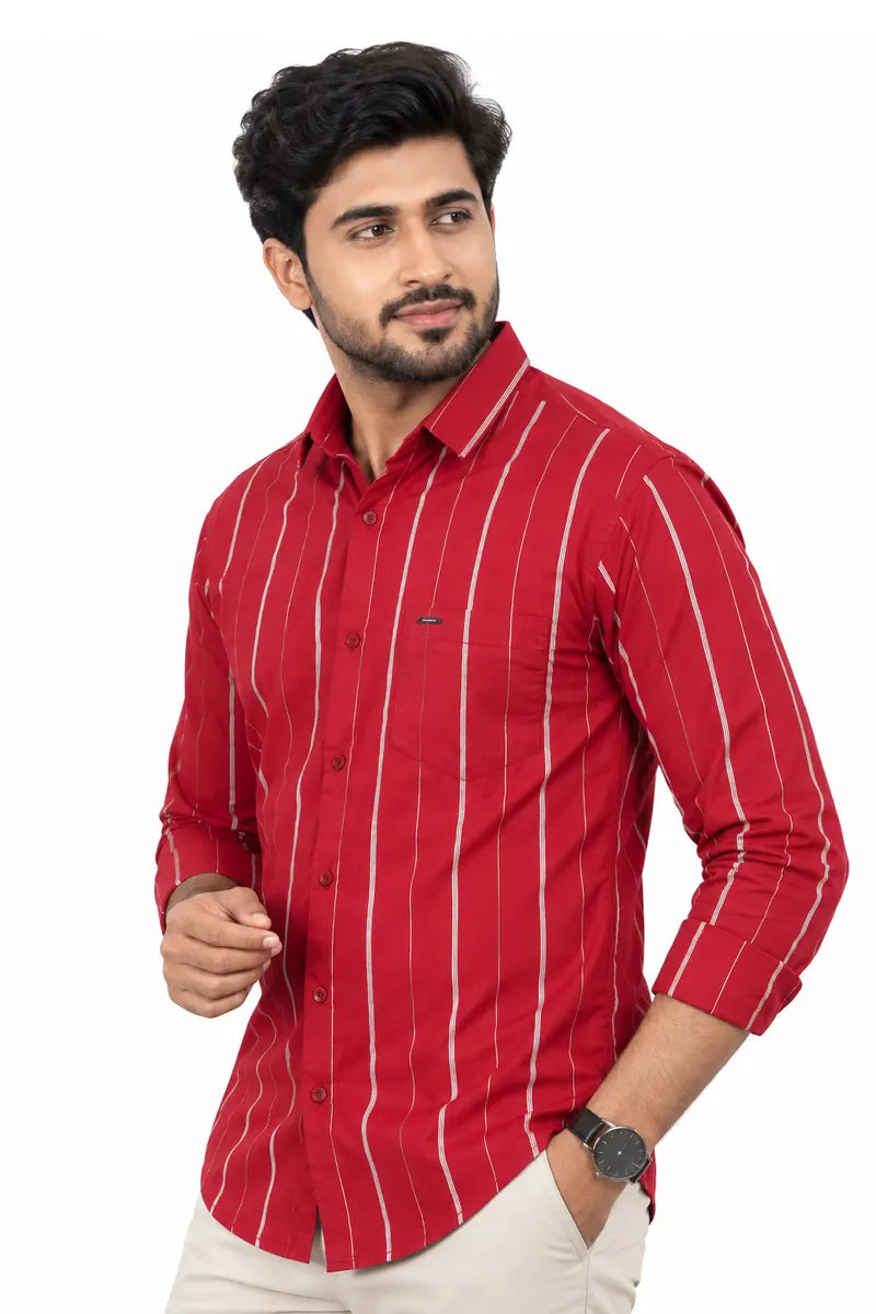Men's Striped Cotton Slim Fit Shirt - Maroon