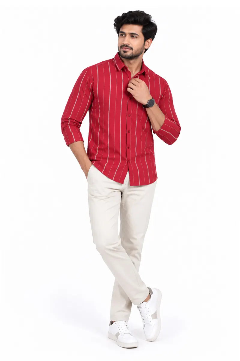 Men's Striped Cotton Slim Fit Shirt - Maroon