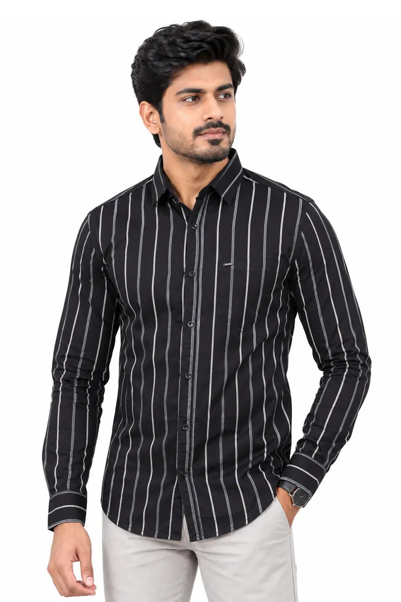 Striped Cotton Shirt for Men-  Black