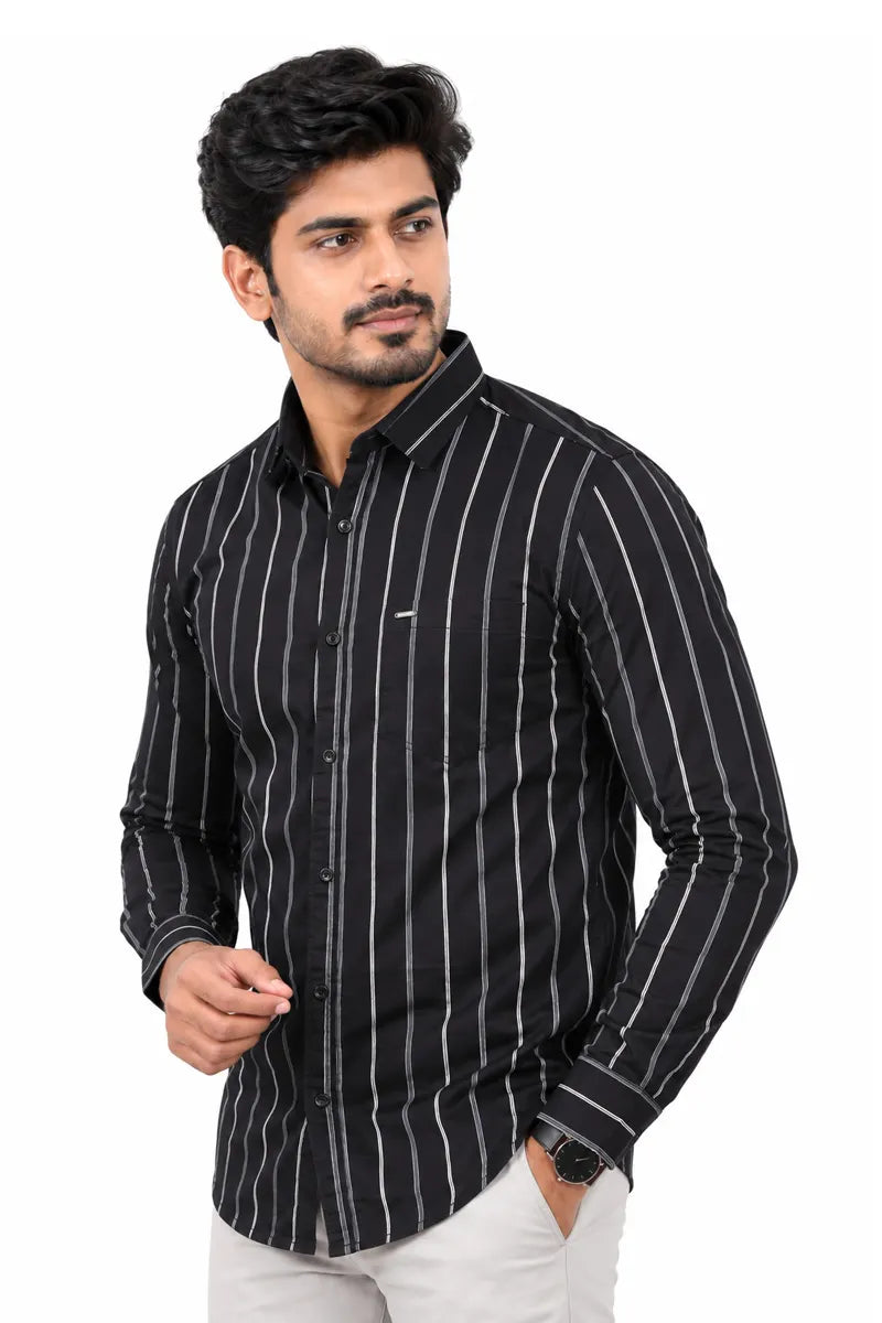 Striped Cotton Shirt for Men-  Black