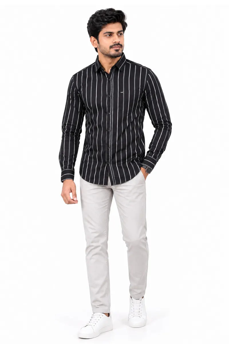 Striped Cotton Shirt for Men-  Black
