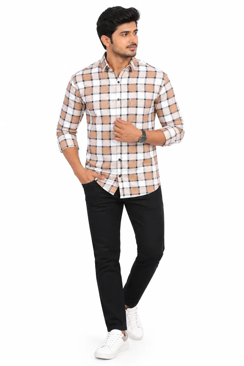 Cotton Checkered Shirt for Men - JakJow (Style men001065) - Light Orange