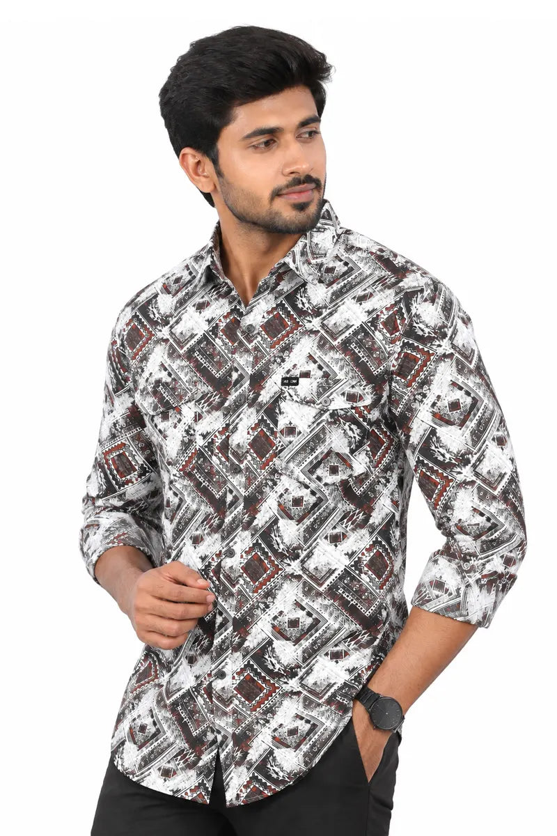 Abstract Print Casual Shirt for Men - White