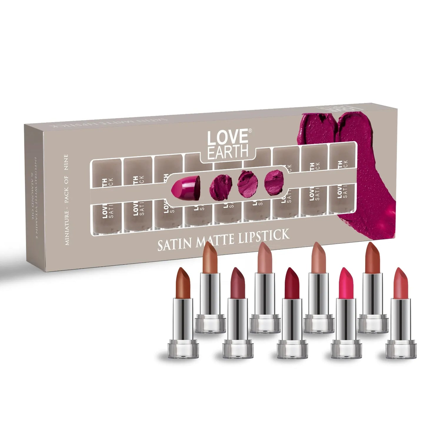Love Earth Satin Matte Lipstick Combo Pack | Moisturizing & Lightweight | Comfortable, Non-drying & Long Stay Lipstick Set | Multicolor Mini Bullet Lipstick - (2GM X 9) 18GM