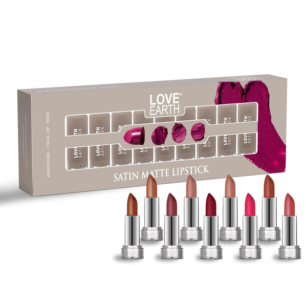 Love Earth Satin Matte Lipstick Combo Pack | Moisturizing & Lightweight | Comfortable, Non-drying & Long Stay Lipstick Set | Multicolor Mini Bullet Lipstick - (2GM X 9) 18GM