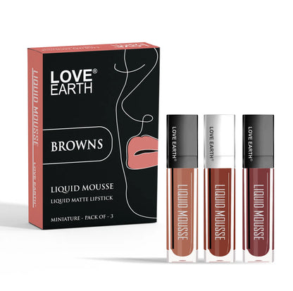 Love Earth Liquid Mousse Lipstick Browns Matte Finish Mini Combo Pack | Lightweight, Non-Sticky, Non-Drying,Transferproof, Waterproof Lipstick Set | (2Ml X 3) 6ML