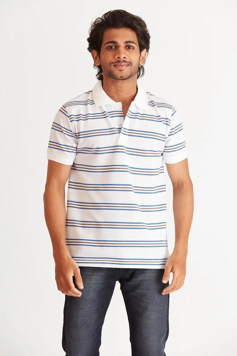 Cotton Striped Polo T-shirt for Men - Bearstand (Style cot002007) - White