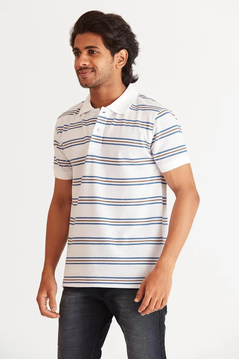 Cotton Striped Polo T-shirt for Men - Bearstand (Style cot002007) - White