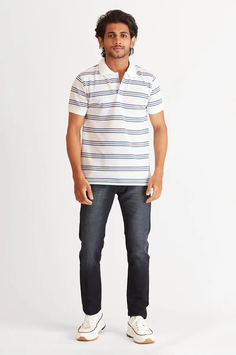 Cotton Striped Polo T-shirt for Men - Bearstand (Style cot002007) - White
