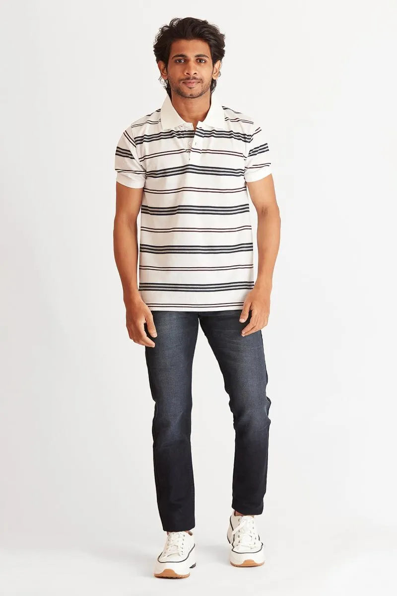 Men's Cotton Striped Polo T-shirt - Bearstand (Style cot002016) - White