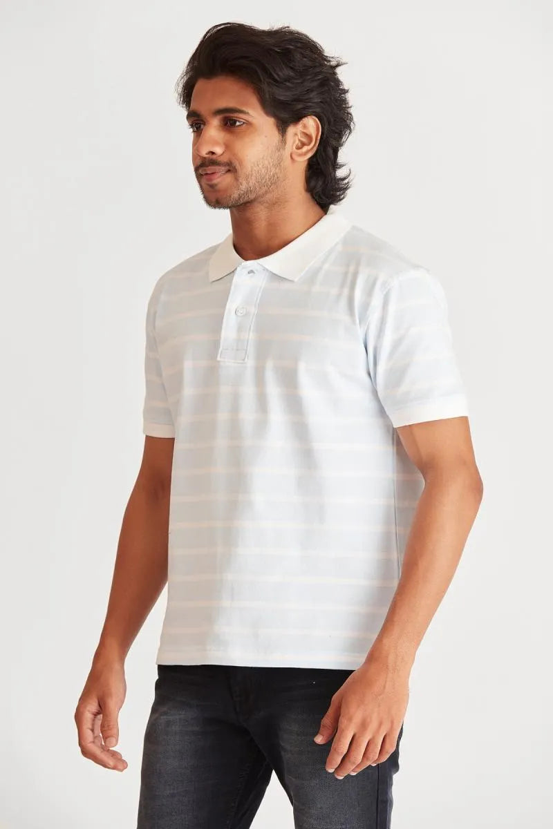 Men's Cotton Striped Polo T-shirt - Bearstand (Style cot002018) - Sky Blue