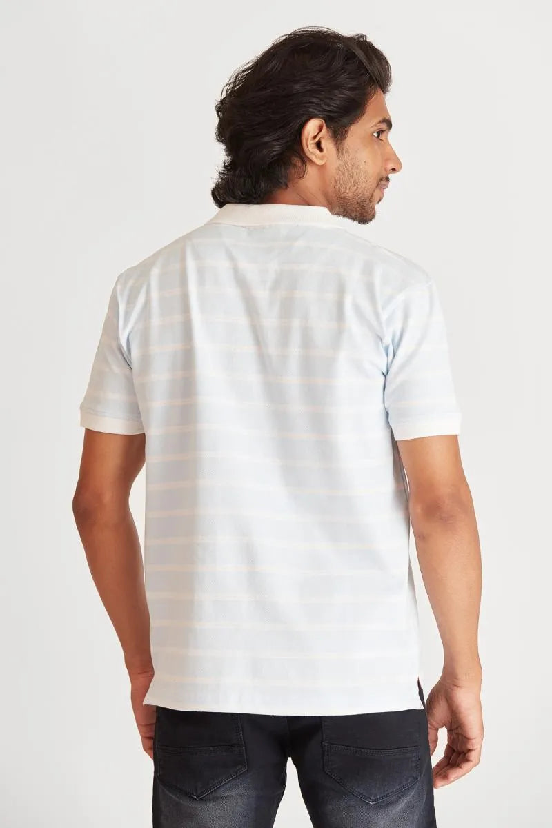 Men's Cotton Striped Polo T-shirt - Bearstand (Style cot002018) - Sky Blue