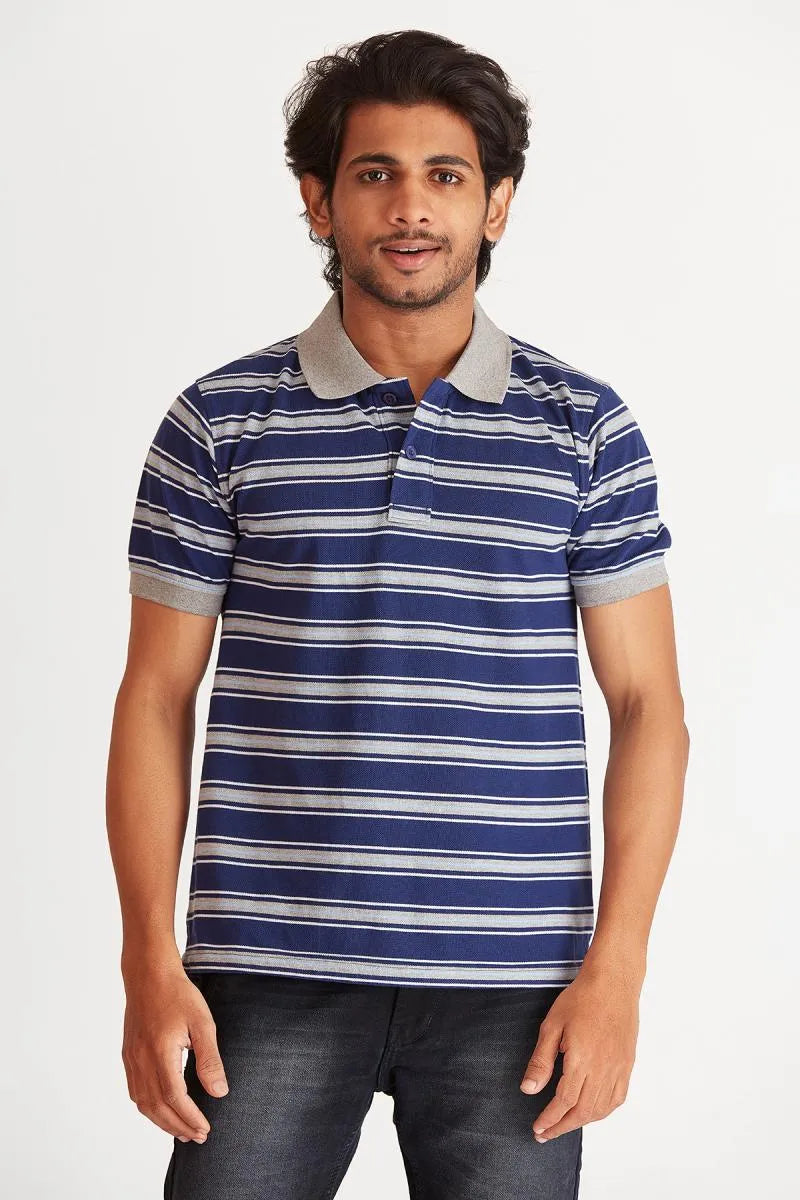 Cotton Striped Polo T-shirt for Men - Bearstand (Style cot002021) - Navy Blue