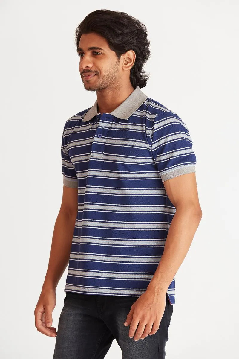 Cotton Striped Polo T-shirt for Men - Bearstand (Style cot002021) - Navy Blue