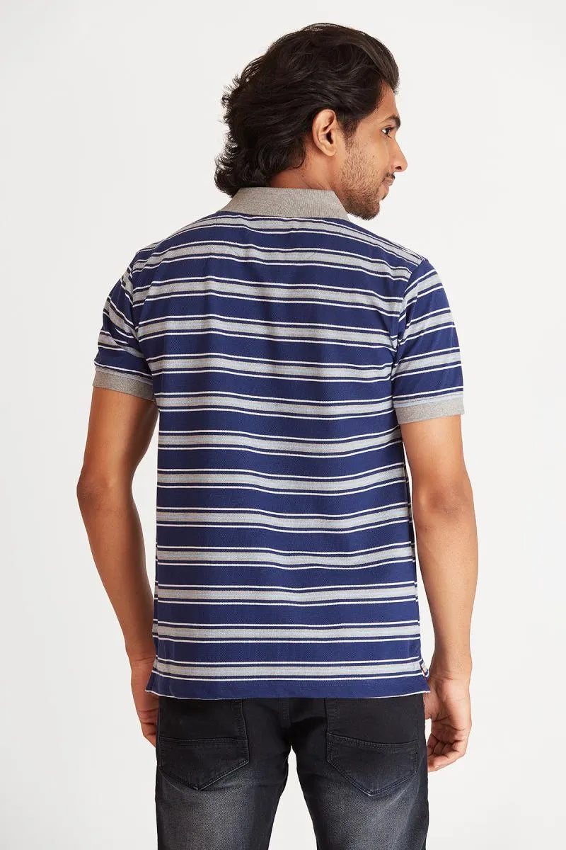 Cotton Striped Polo T-shirt for Men - Bearstand (Style cot002021) - Navy Blue