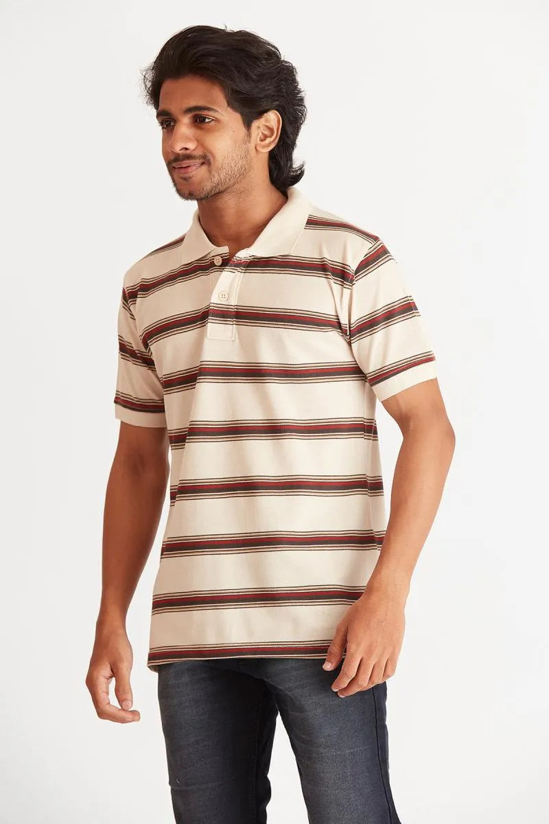 Cotton Striped Polo T-shirt for Men - Bearstand (Style cot002024) - Beige