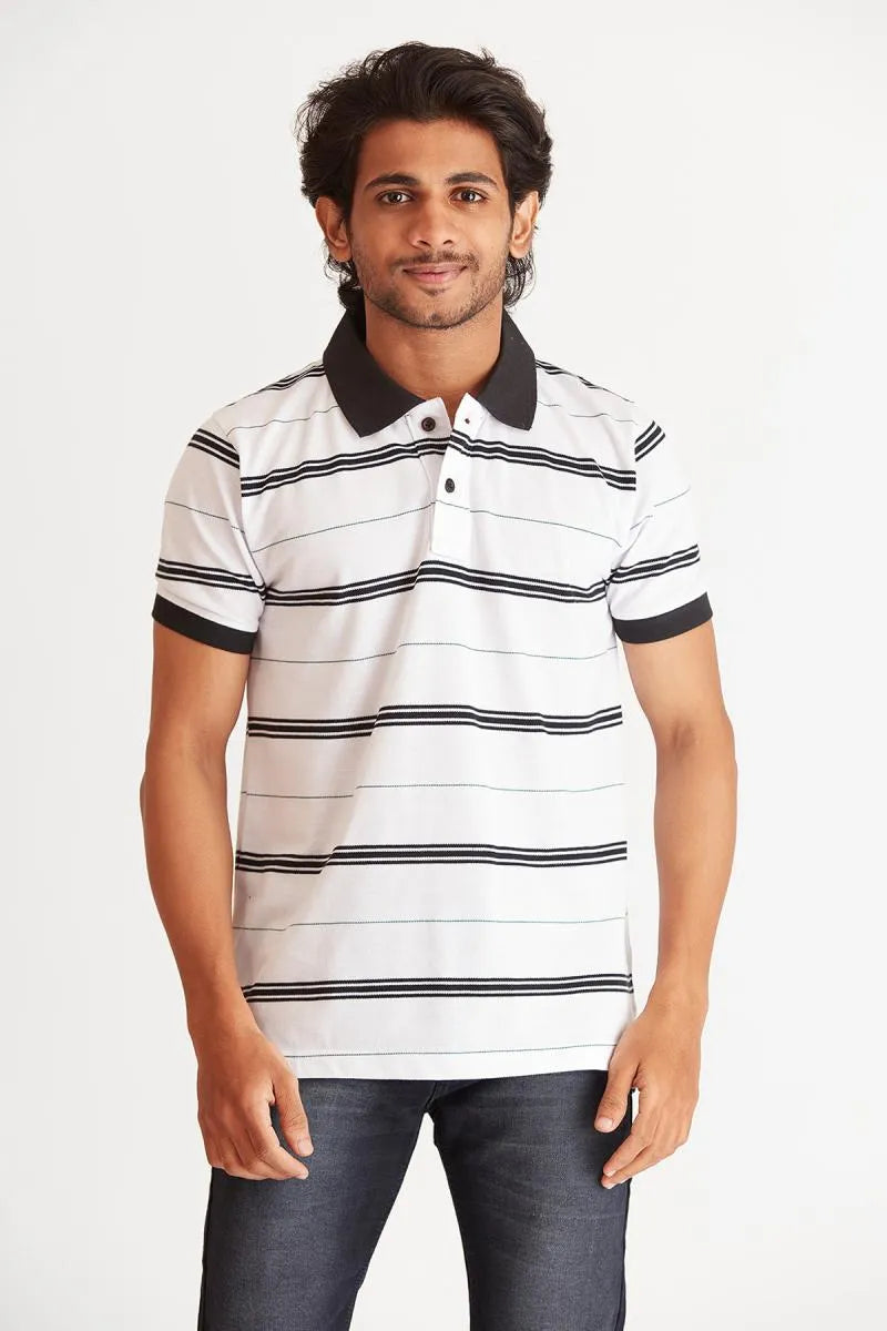 Men's Cotton Striped Polo T-shirt - Bearstand (Style cot002059) - White