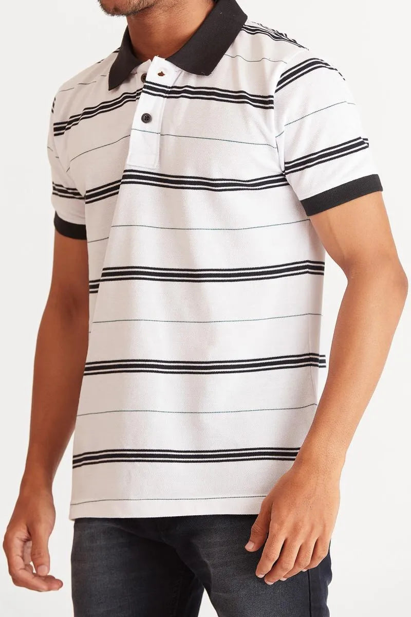 Men's Cotton Striped Polo T-shirt - Bearstand (Style cot002059) - White