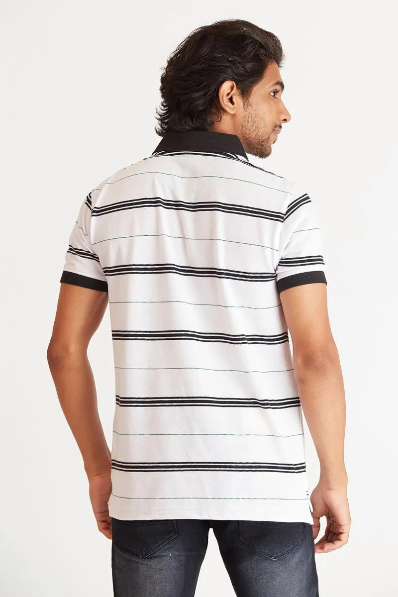 Men's Cotton Striped Polo T-shirt - Bearstand (Style cot002059) - White