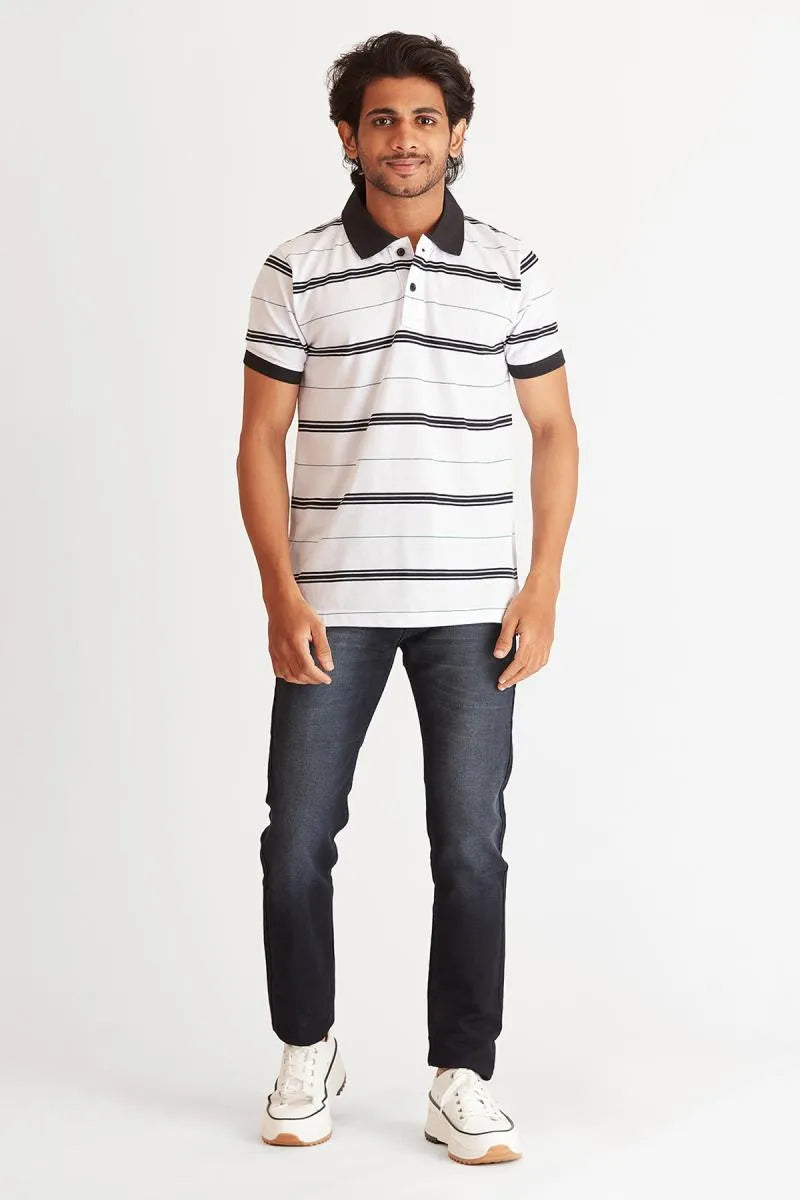 Men's Cotton Striped Polo T-shirt - Bearstand (Style cot002059) - White