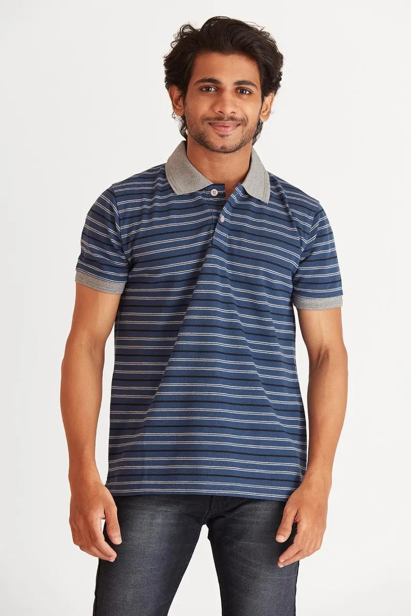 Cotton Striped Polo Neck T-Shirt for Men - Navy Blue
