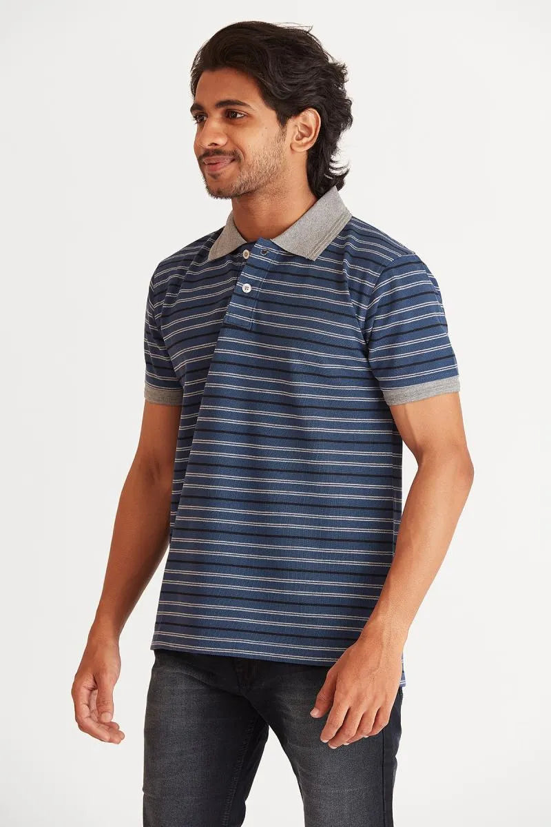 Cotton Striped Polo Neck T-Shirt for Men - Navy Blue