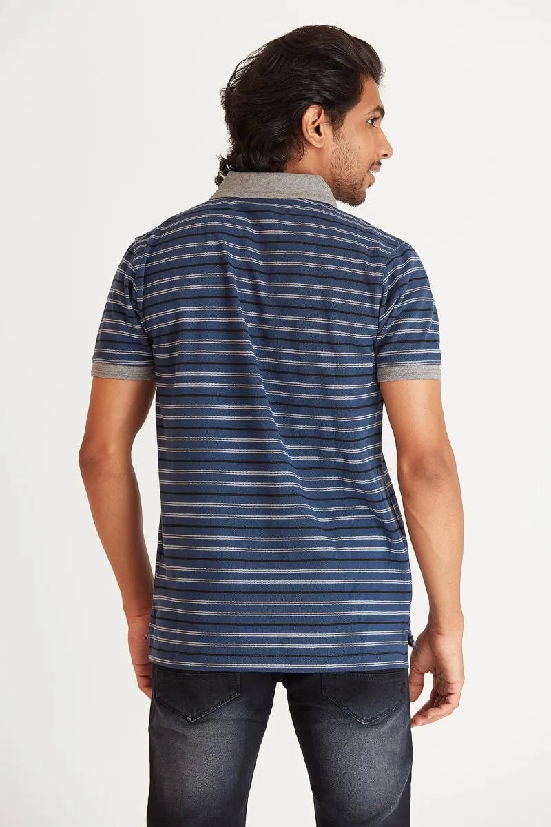 Cotton Striped Polo Neck T-Shirt for Men - Navy Blue