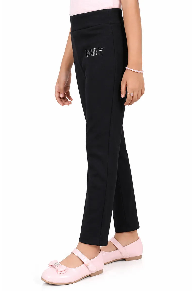 Girl's Lycra Blend Solid Pattern Jeggings - Black - View 2