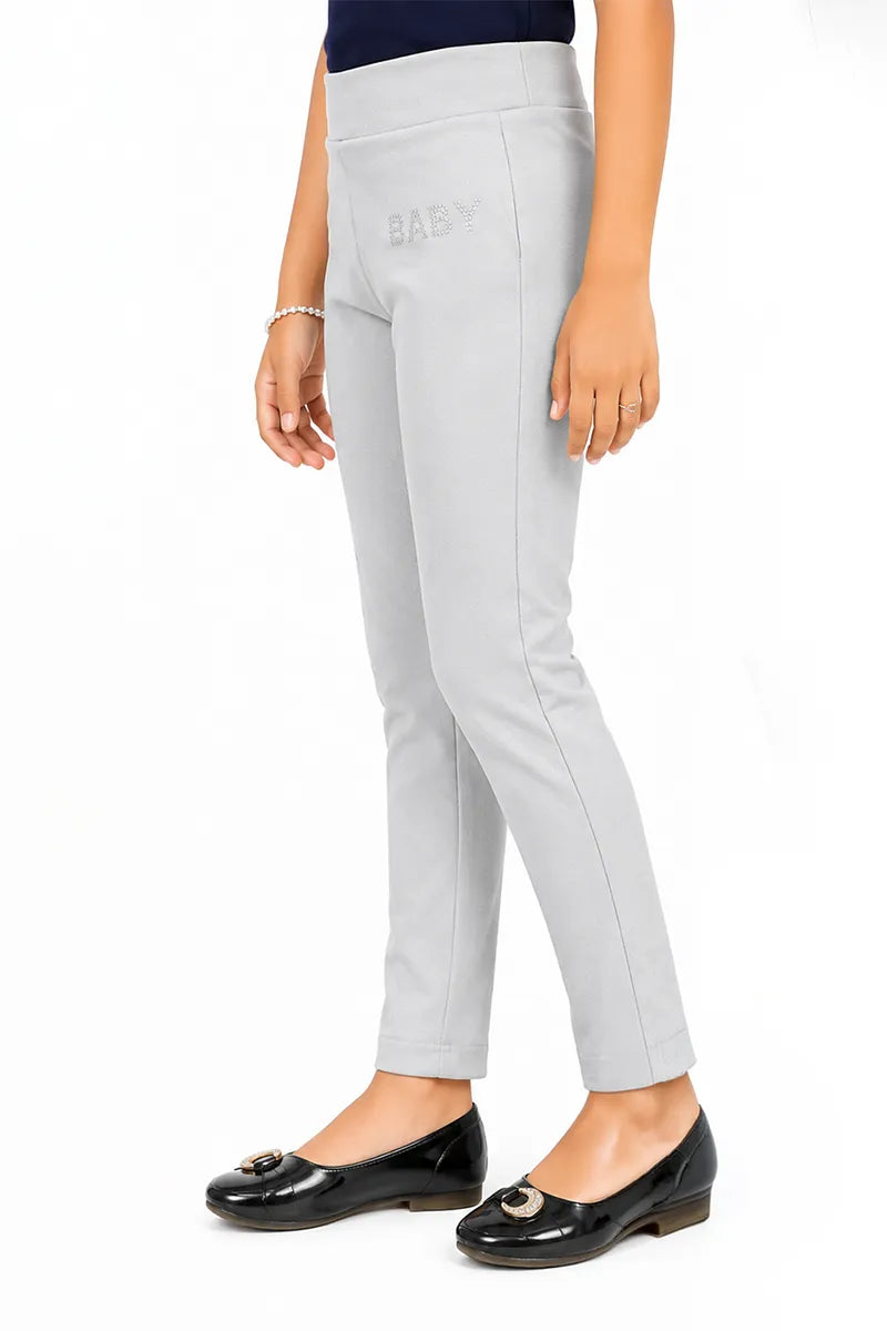 Girl's Lycra Blend Solid Pattern Jeggings - Grey - View 10