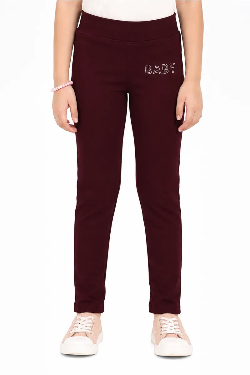 Girl's Lycra Blend Solid Pattern Jeggings - Maroon - View 13