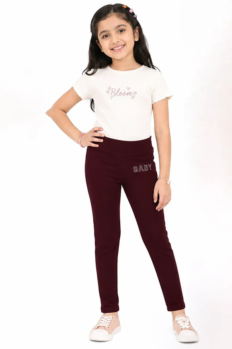Girl's Lycra Blend Solid Pattern Jeggings - Maroon - View 16
