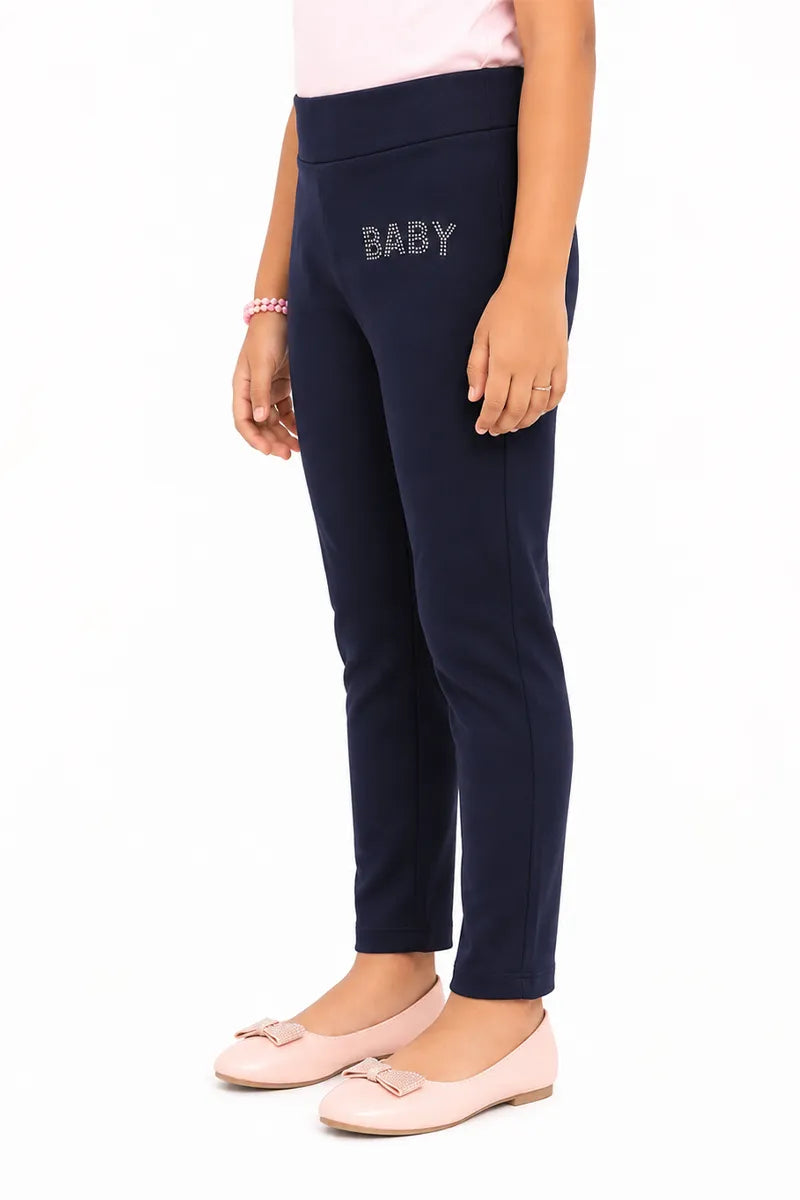 Girl's Lycra Blend Solid Pattern Jeggings - Navy Blue - View 22