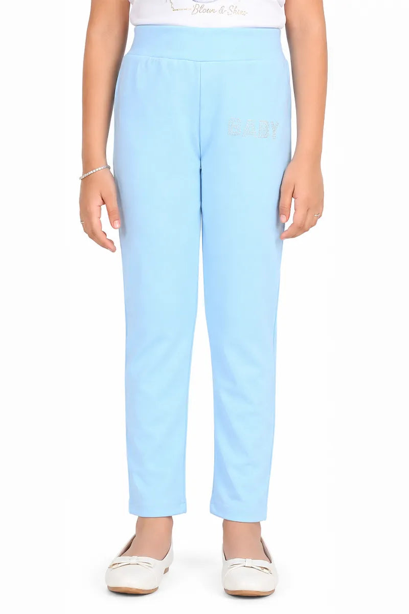 Girl's Lycra Blend Solid Pattern Jeggings - Sky Blue - View 37