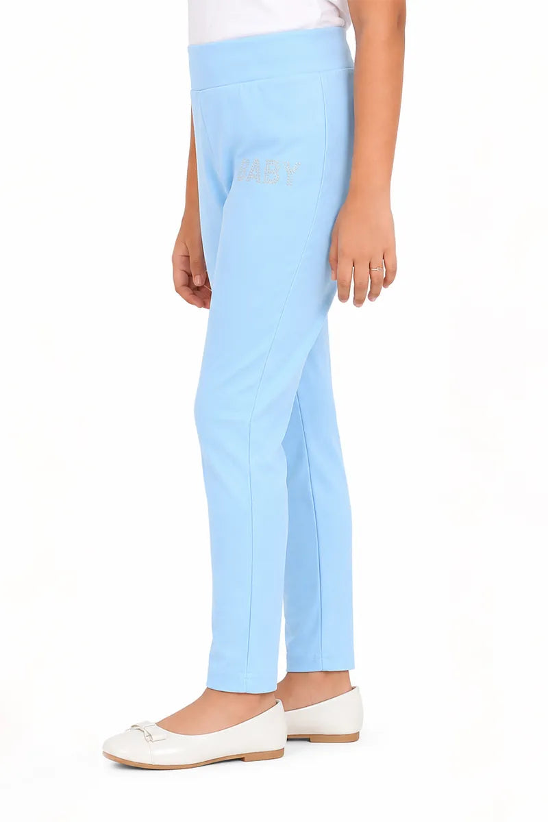 Girl's Lycra Blend Solid Pattern Jeggings - Sky Blue - View 38