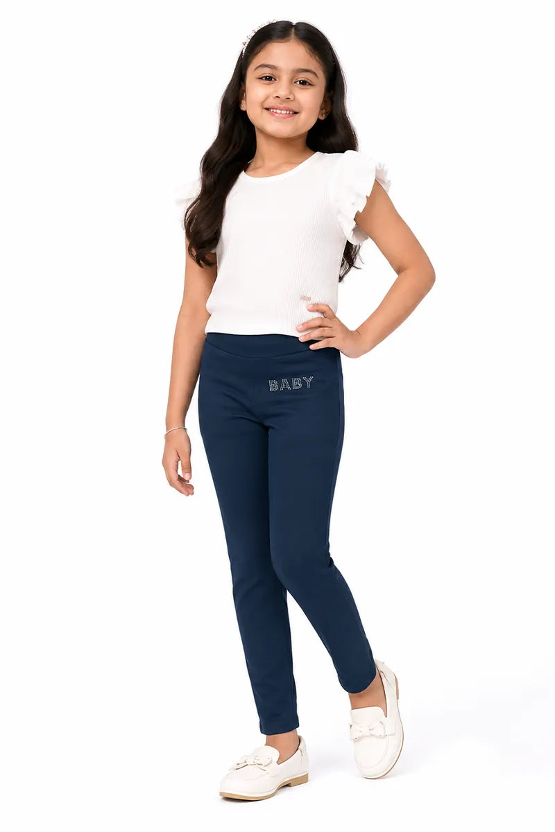Girl's Lycra Blend Solid Pattern Jeggings - Teal - View 44