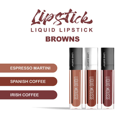 Love Earth Liquid Mousse Lipstick Browns Matte Finish Mini Combo Pack | Lightweight, Non-Sticky, Non-Drying,Transferproof, Waterproof Lipstick Set | (2Ml X 3) 6ML