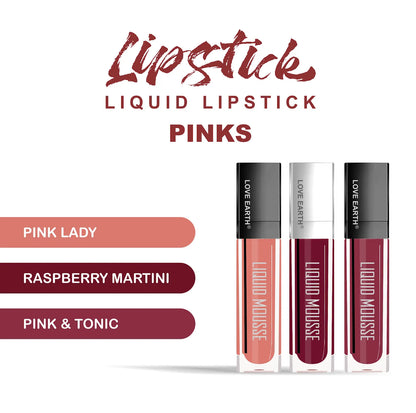 Love Earth Liquid Mousse Lipstick Pinks Matte Finish Mini Combo Pack | Lightweight, Non-Sticky, Non-Drying,Transferproof, Waterproof Lipstick Set | (2Ml X 3) 6ML