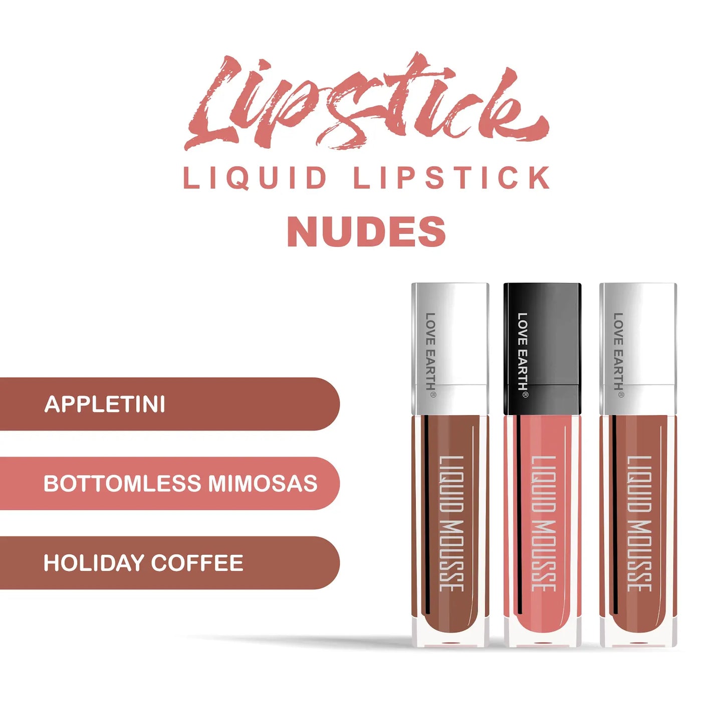 Love Earth Liquid Mousse Lipstick Nudes Matte Finish Mini Combo Pack | Lightweight, Non-Sticky, Non-Drying,Transferproof, Waterproof Lipstick Set | (2Ml X 3) 6ML