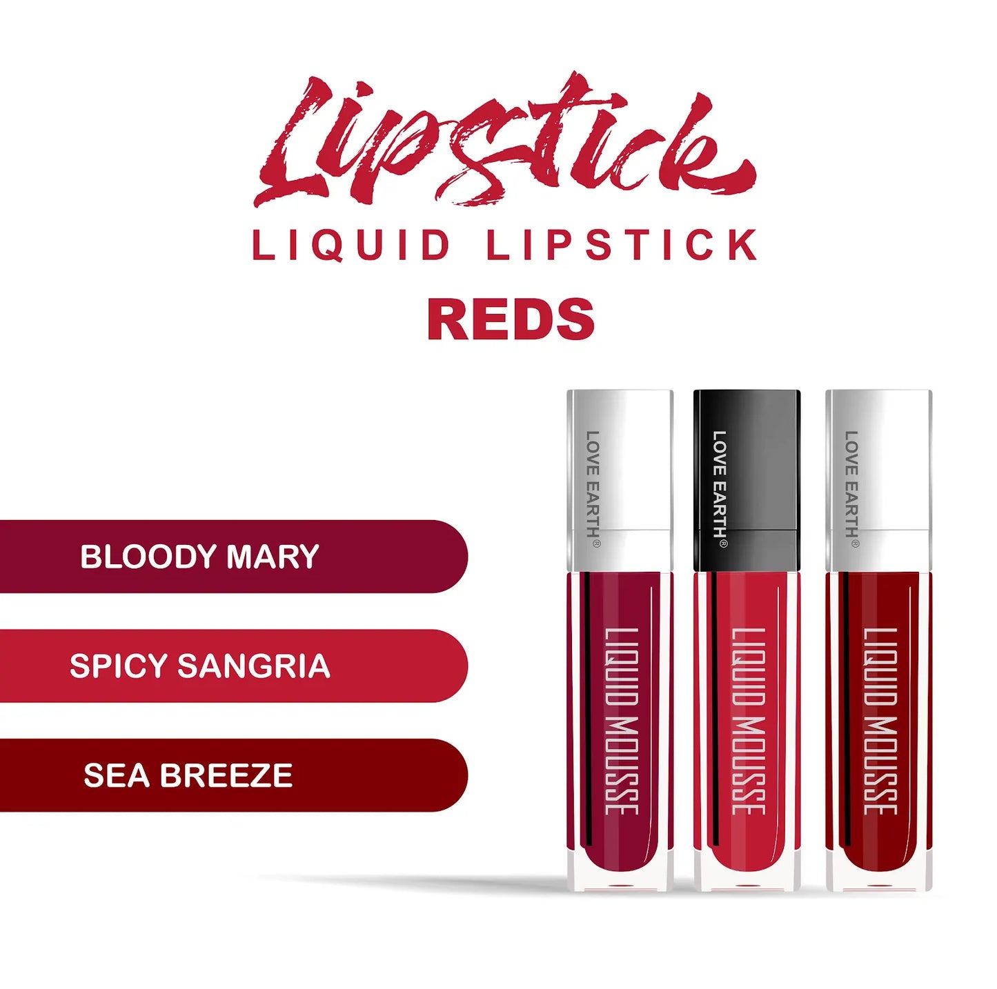 Love Earth Liquid Mousse Lipstick Reds Matte Finish Mini Combo Pack | Lightweight, Non-Sticky, Non-Drying,Transferproof, Waterproof Lipstick Set | (2Ml X 3) 6ML