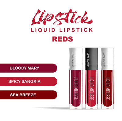 Love Earth Liquid Mousse Lipstick Reds Matte Finish Mini Combo Pack | Lightweight, Non-Sticky, Non-Drying,Transferproof, Waterproof Lipstick Set | (2Ml X 3) 6ML