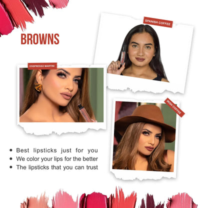 Love Earth Liquid Mousse Lipstick Browns Matte Finish Mini Combo Pack | Lightweight, Non-Sticky, Non-Drying,Transferproof, Waterproof Lipstick Set | (2Ml X 3) 6ML