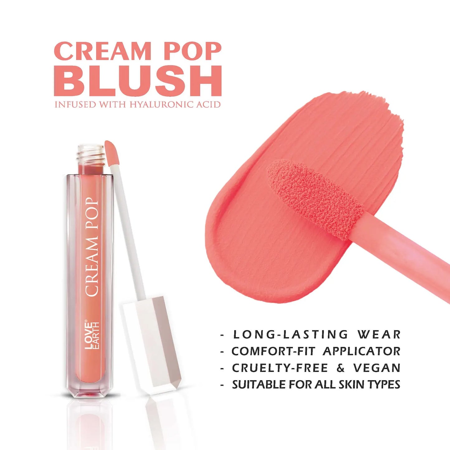 Love Earth Cream Pop Blush - Zinnia| Hyaluronic Acid | Smooth, Lightweight, Long-Lasting | Dewy Finish, Easily Blendable| Everyday Natural Glow | Suitable for All Skin Types -2ML