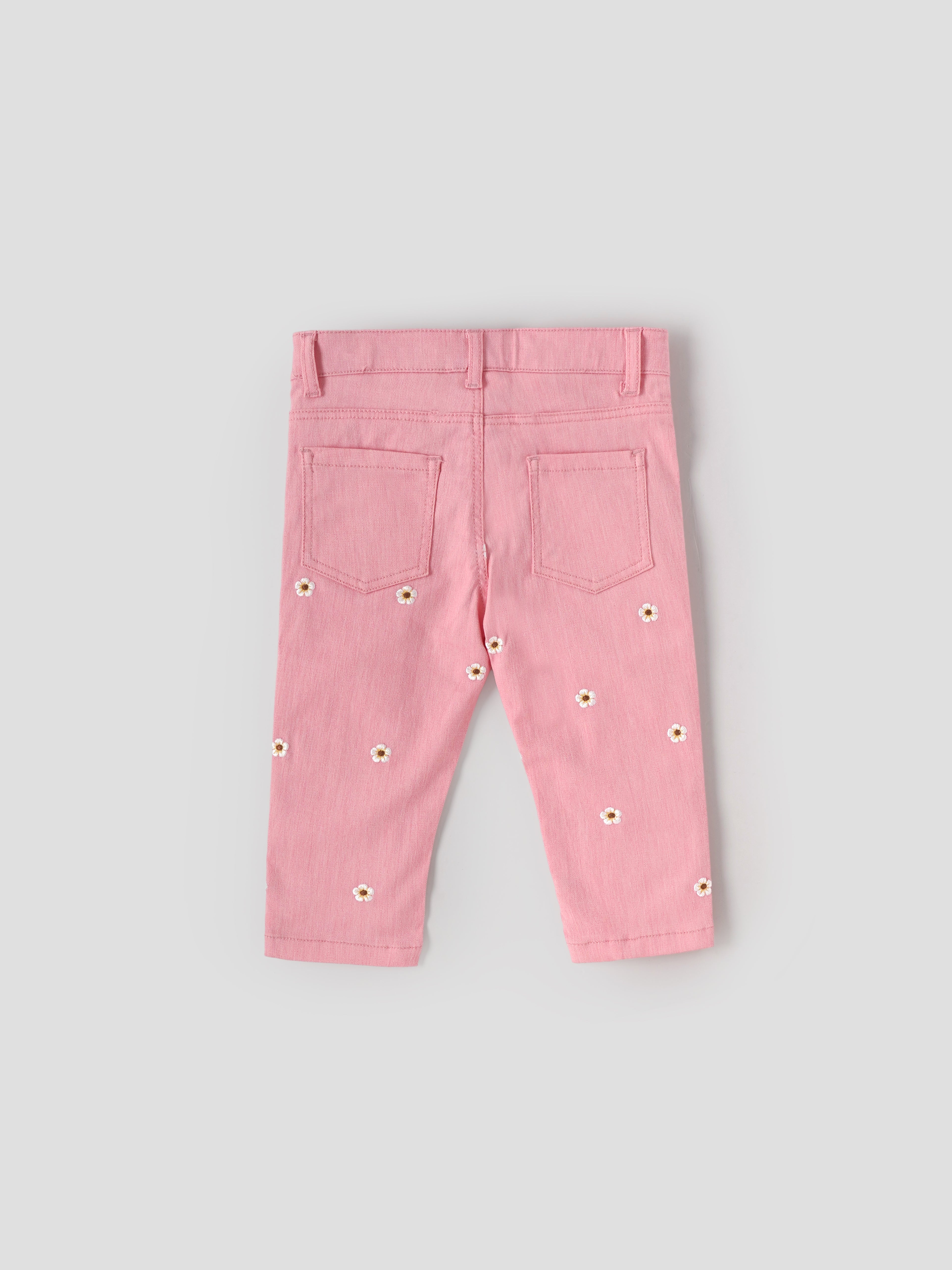 Popees Girls Floral Printed Pink Denim Pants with Button Closure| 1–8 Years - Image 2