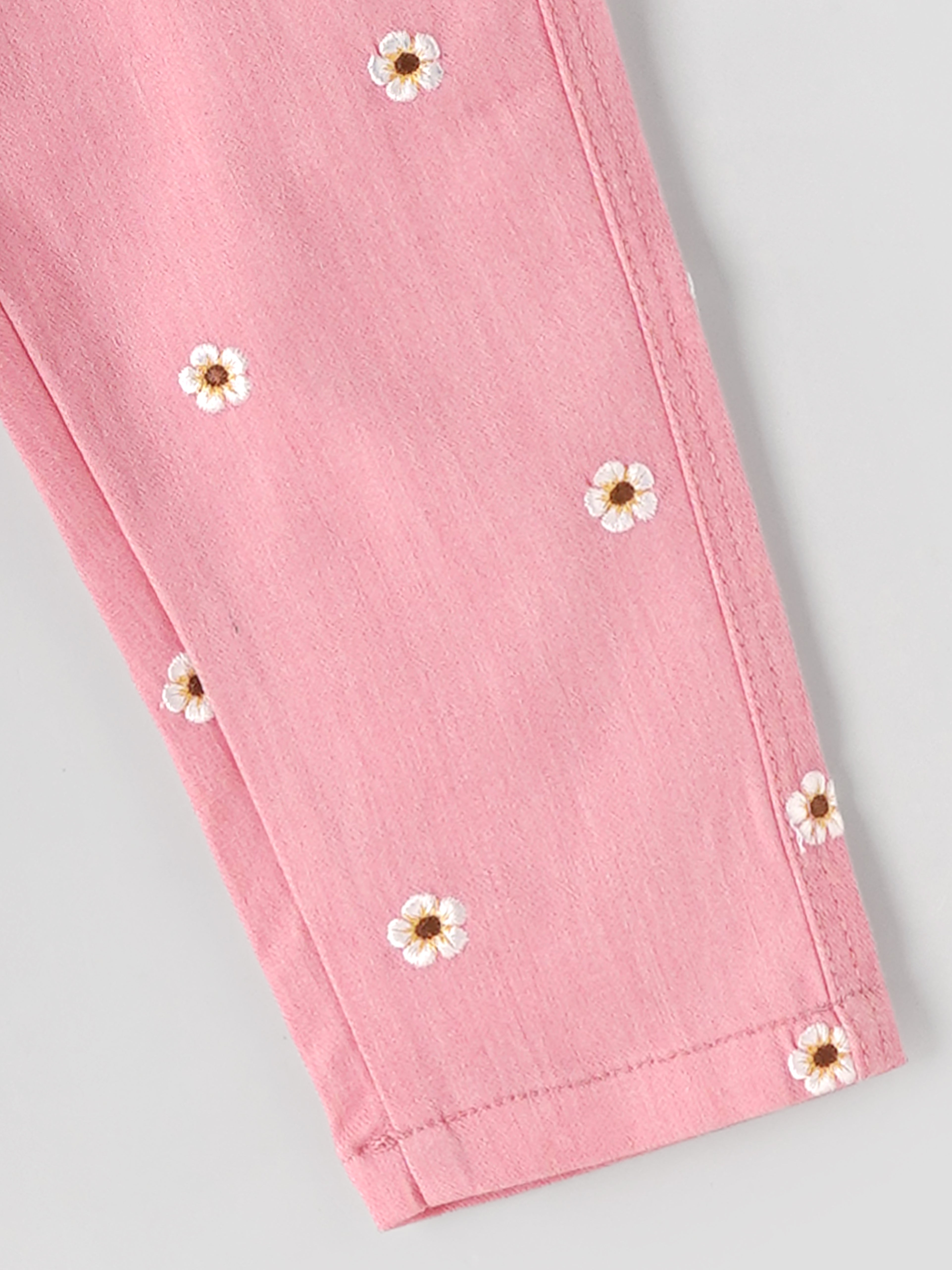 Popees Girls Floral Printed Pink Denim Pants with Button Closure| 1–8 Years - Image 1