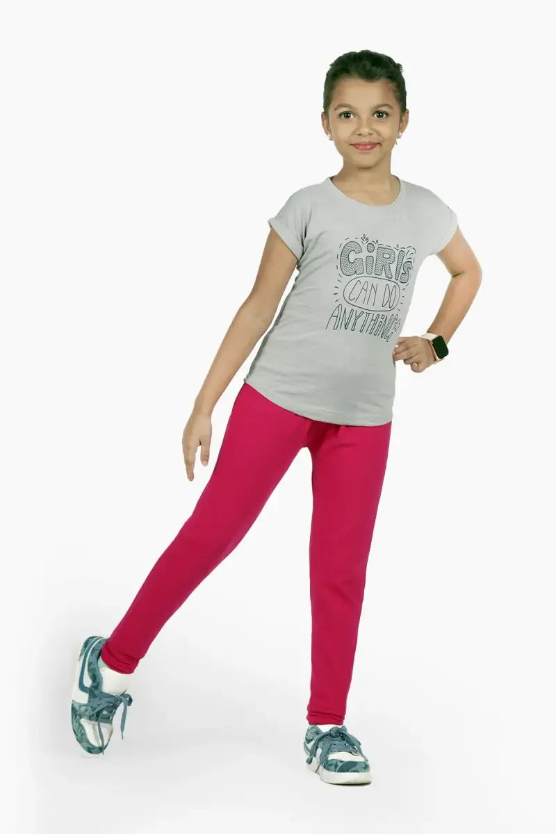 Girl's Cotton Lycra Blend Solid Leggings - Pink - View 12